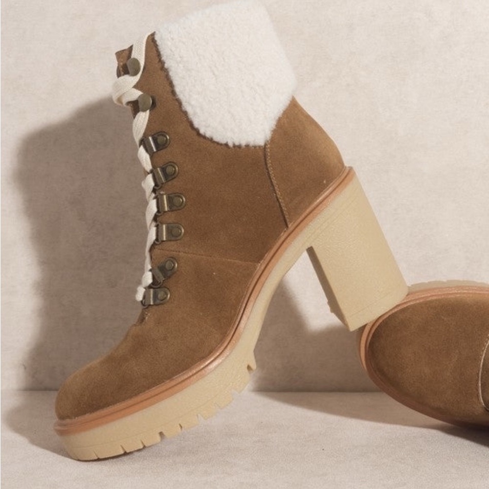 NWT Oasis Society Madilyn Camel Lace Up Chunky Heeled Boots Vegan Suede - Picture 5 of 8